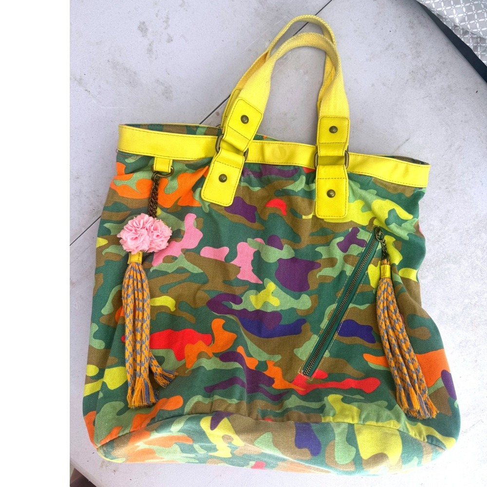 City Streets Camo Tote Bag Colorful Neon Canvas Tassel Boho Shoulder Bag Pom Pom